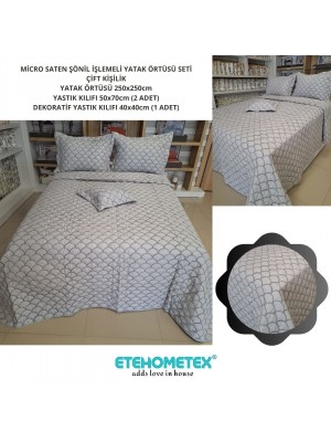 MİCRO SATEN ŞÖNİL İŞLEMELİ ÇİFT KİŞİLİK YATAK ÖRTÜSÜ SETİ GRİ 8696474231908